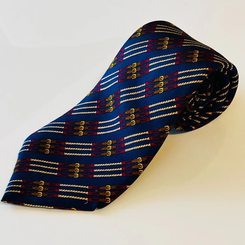 HERMES 695 OA Mens Neck Tie 100% Silk Vintage France Equestrian Rope Fathers Day